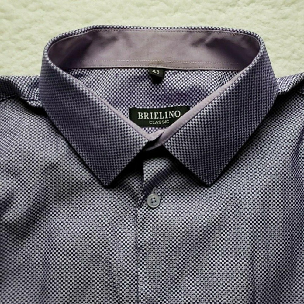Brielino Shirt Mens 17 Purple Check Classic Fit Short Sleeve Woven Pocket